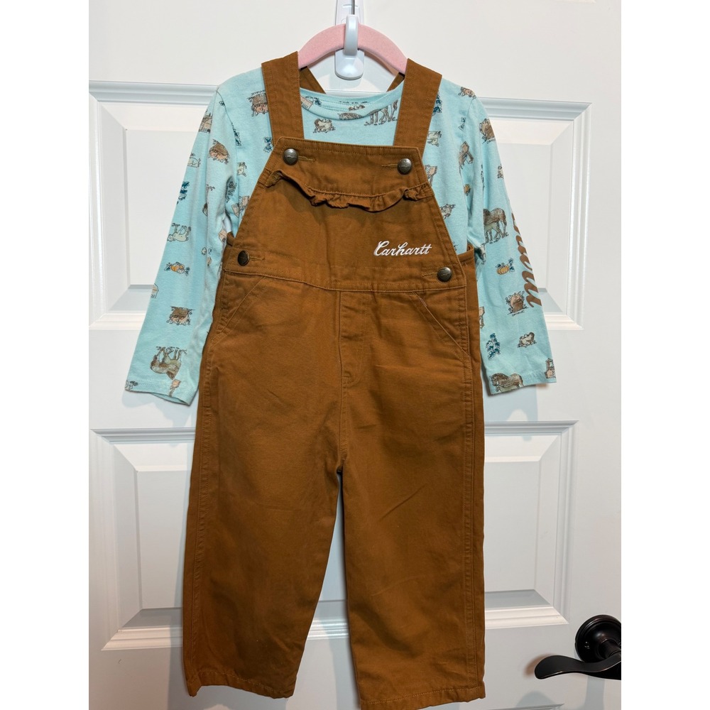Carhartt Toddler Girls Brown Ruffle Overalls & Farm Print Shirt Set 2T SD9858-G